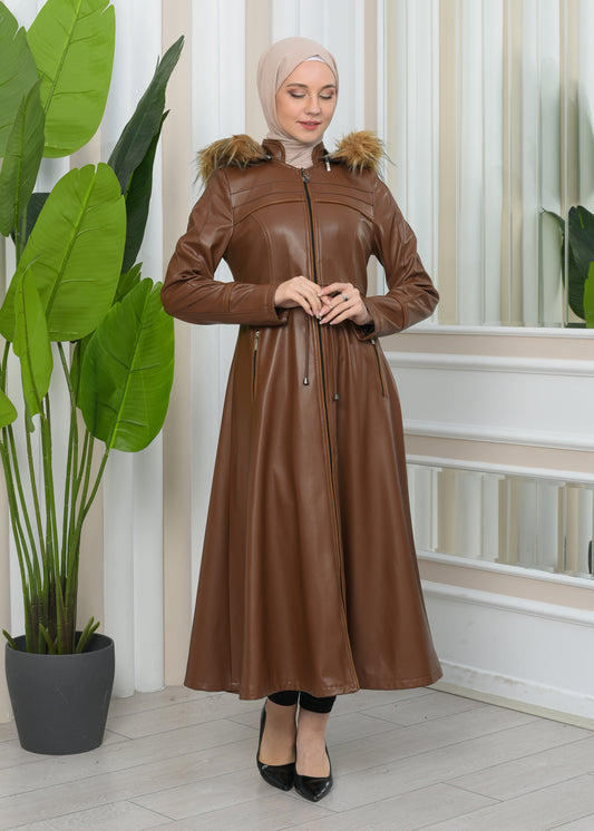 Damen Winter Leder Trenchcoat mit Fellfutter und Kapuze im Glocken-Schnitt 1344 - Cognac