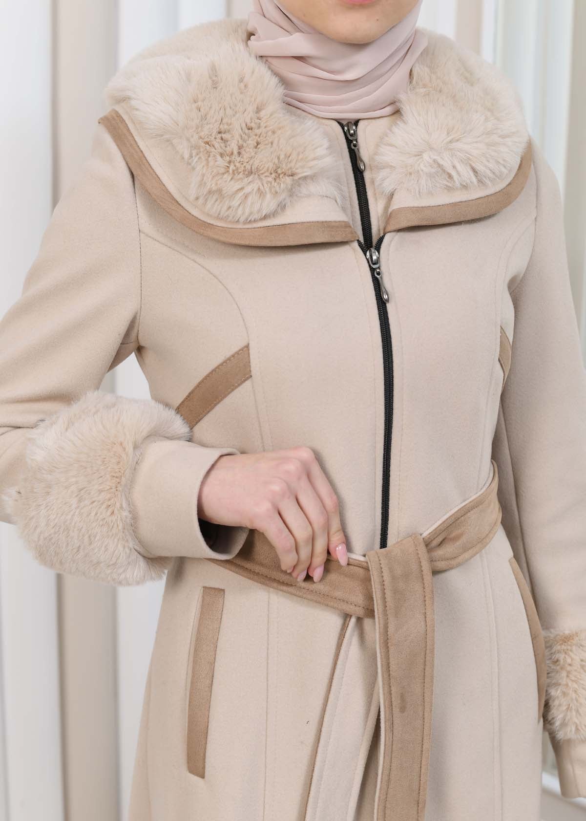 FURRY HOODED ZIPPERED OVERSIZED SUEDE TOPCOAT 1353 - Beige