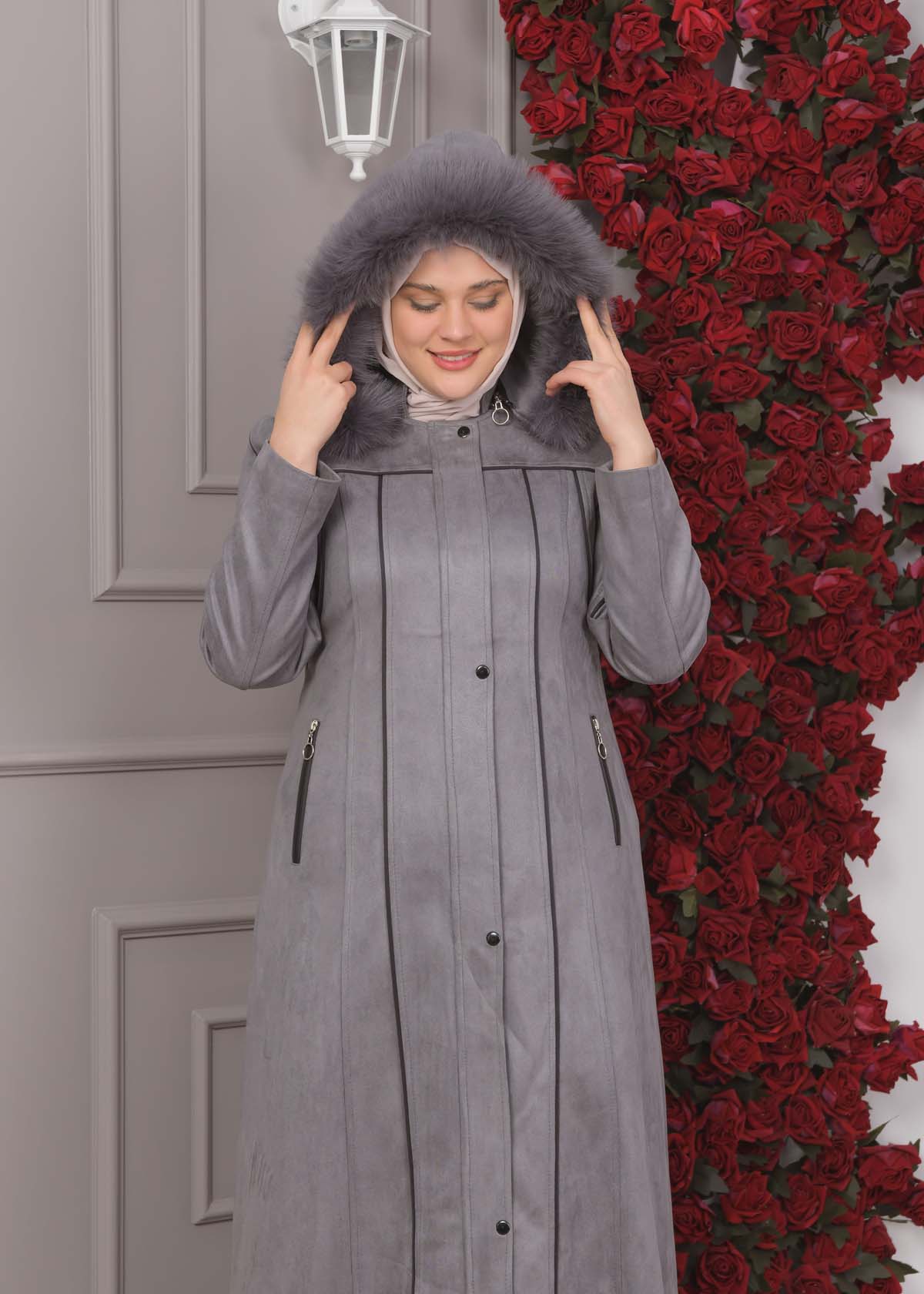 Damen Wildleder-Mantel in Übergrößen mit abnehmbarer Kapuze 1354 - Grau