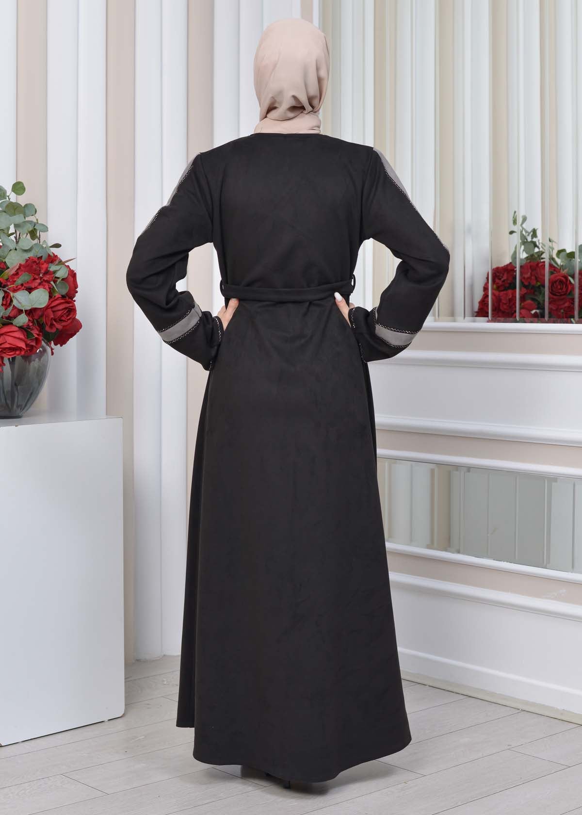 Elegante Wildleder-Abaya mit Reißverschluss 1352 - Grau