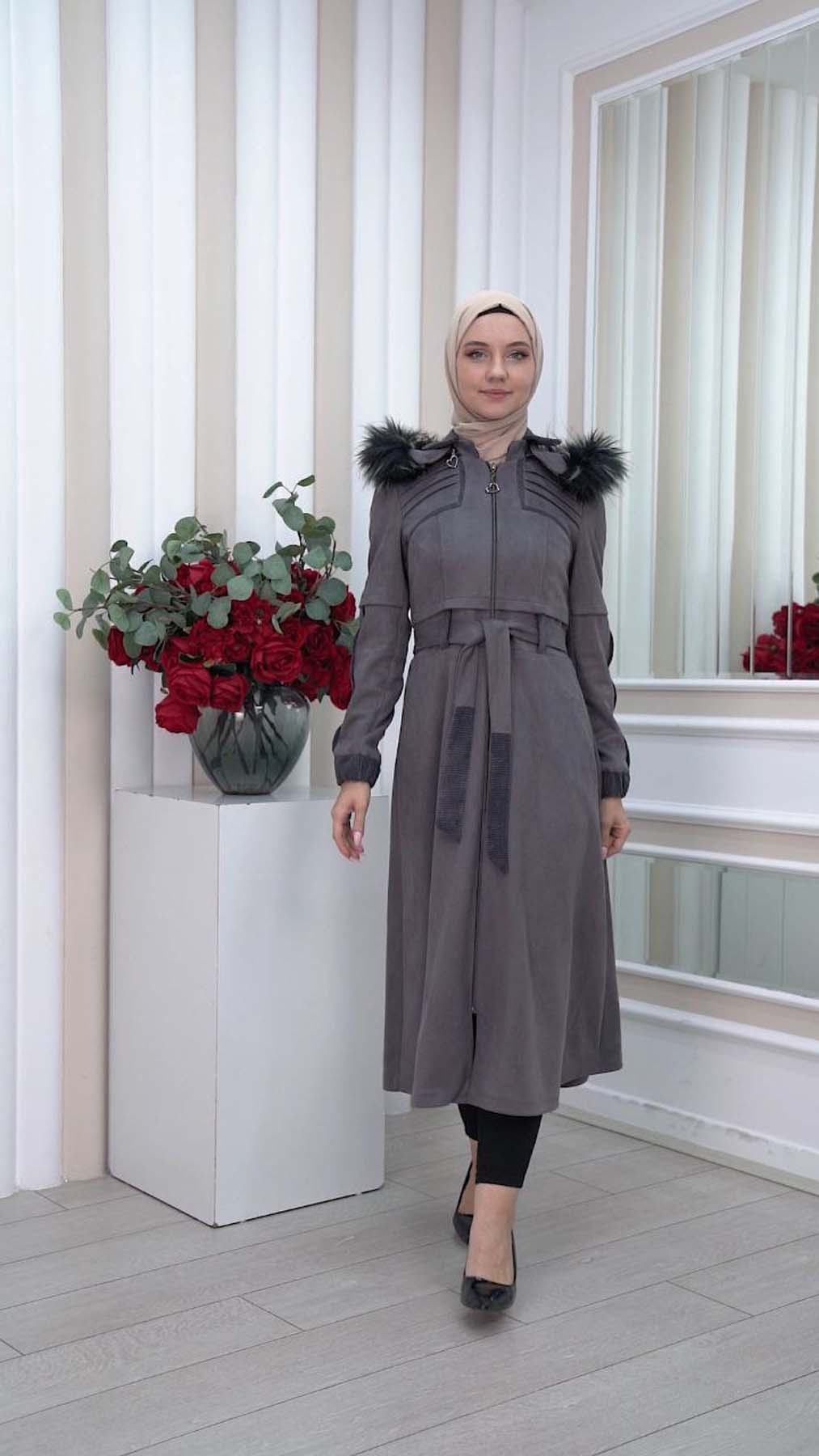 Langer Suede Trenchcoat mit Fellfutter am Rücken 1339 - Grau
