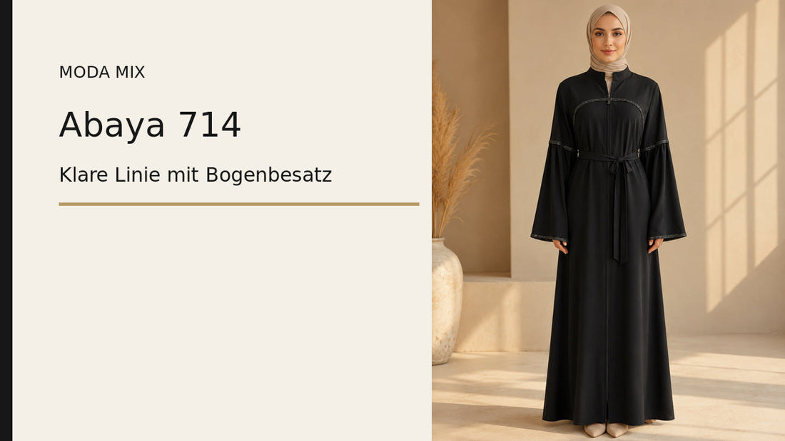 Abaya 714 in Schwarz mit Bogenbesatz, Gürtel und Frontreißverschluss