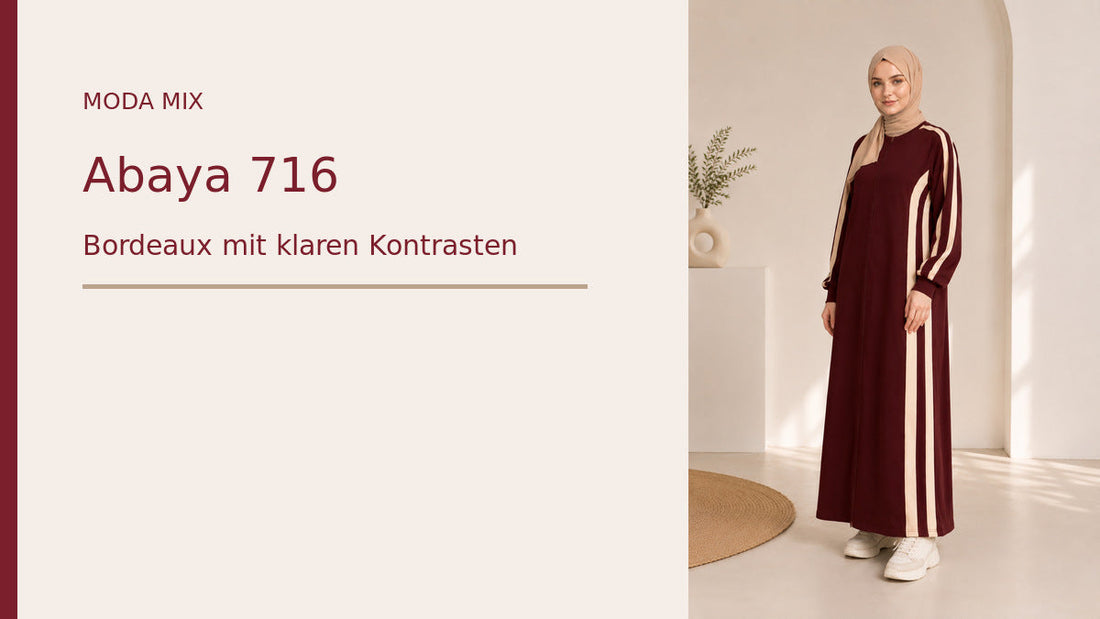 Abaya 716 in Bordeaux mit Frontreißverschluss und hellen Kontrastdetails