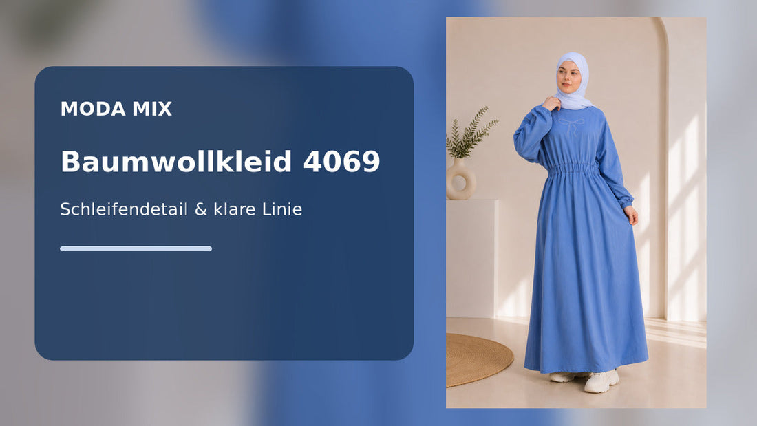Baumwollkleid 4069 von Moda Mix in Jeansfarbe mit Schleifenmotiv und elastischer Taille