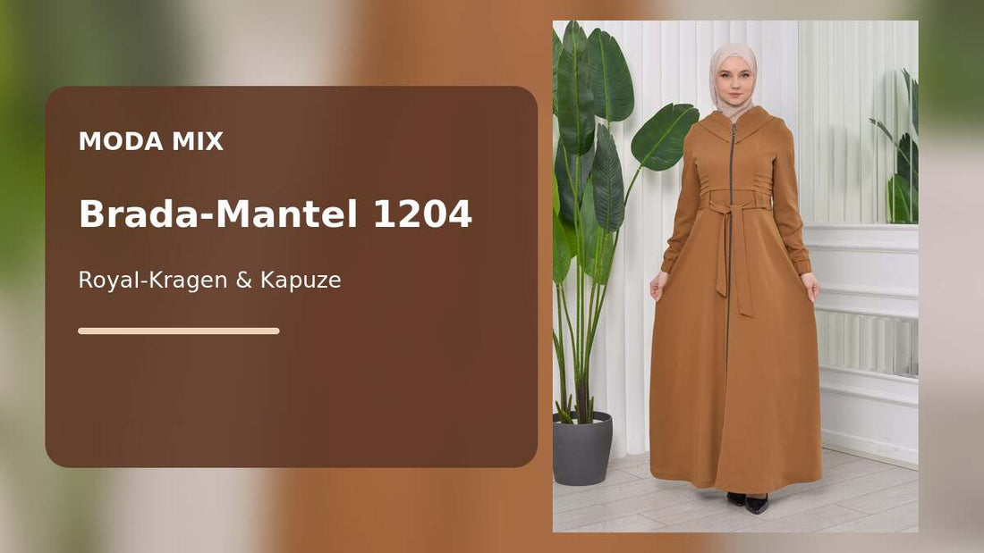 Brada-Mantel 1204 von Moda Mix in Cognac mit Royal-Kragen, Kapuze und Bindegürtel