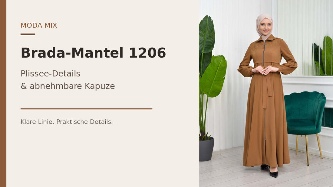 Brada-Mantel 1206 in Cognac mit Plissee-Details und abnehmbarer Kapuze