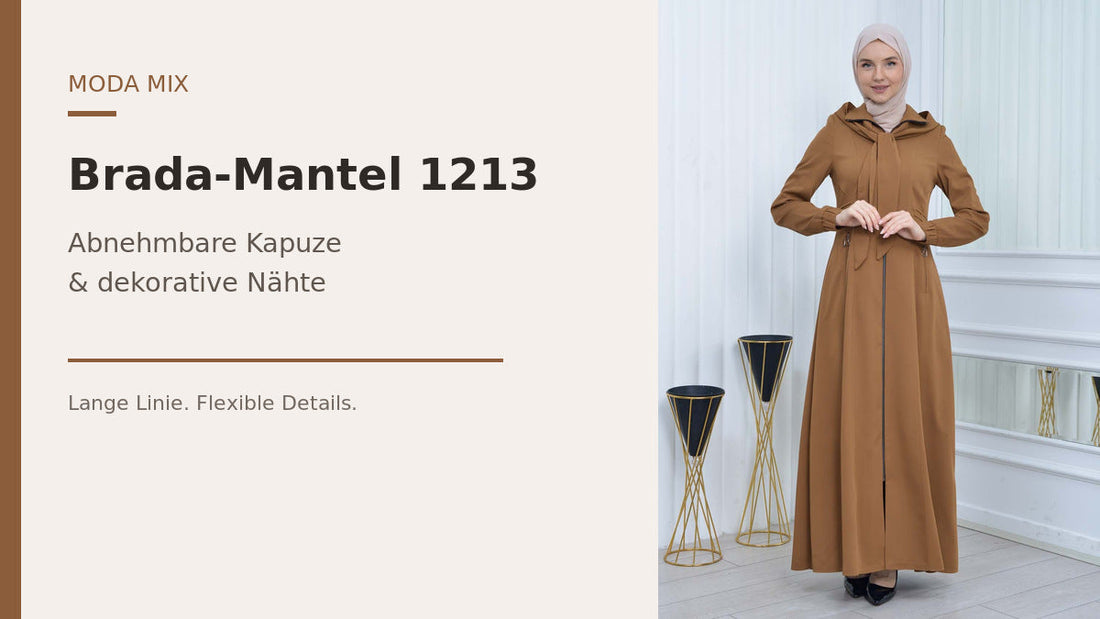 Brada-Mantel 1213 in Cognac mit abnehmbarer Kapuze und dekorativen Nähten