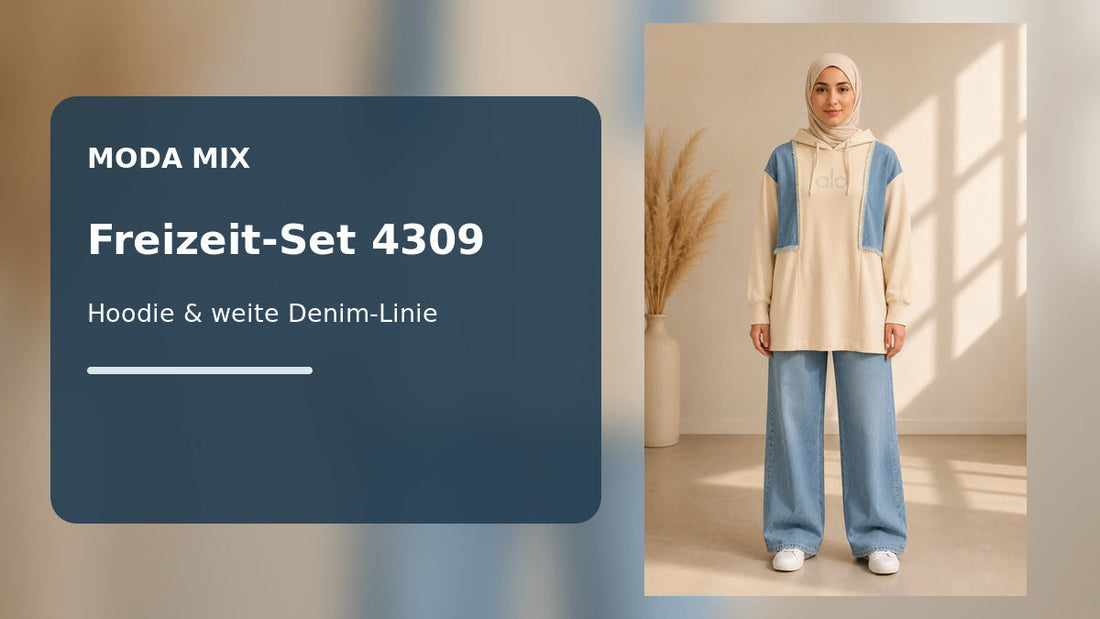 Beiges Freizeit-Set 4309 von Moda Mix mit Kapuzenoberteil, Denim-Einsätzen und weiter Jeanshose