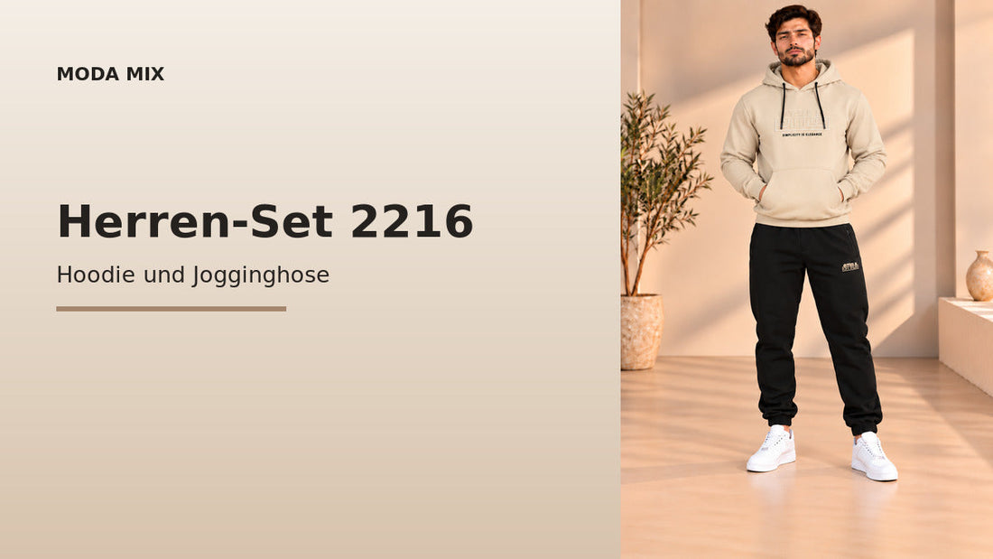 Herren-Set 2216: Beige Hoodie Meets Black Joggers – Moda Mix