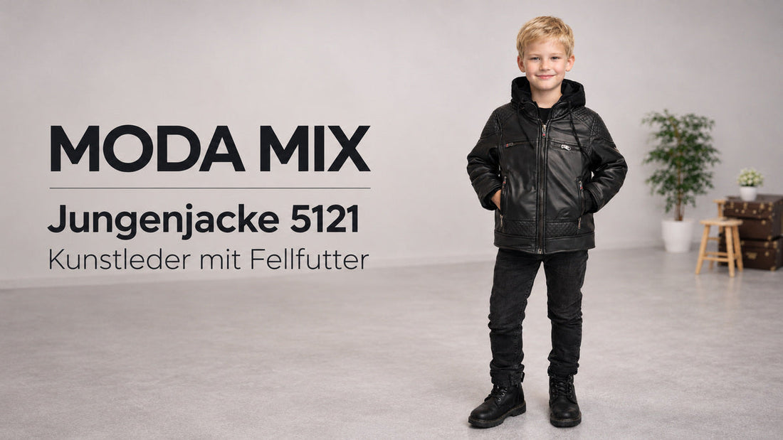 Jungenjacke 5121 aus schwarzem Kunstleder mit Kapuze und Fellfutter