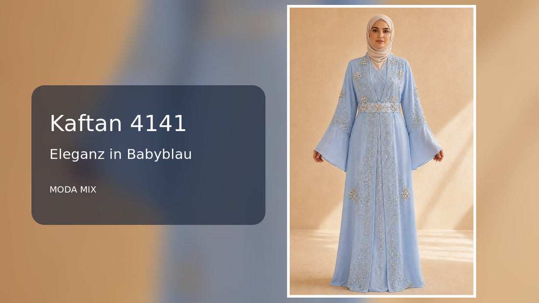 Kaftan 4141 in Babyblau mit Verzierungen und weitem Ärmelabschluss