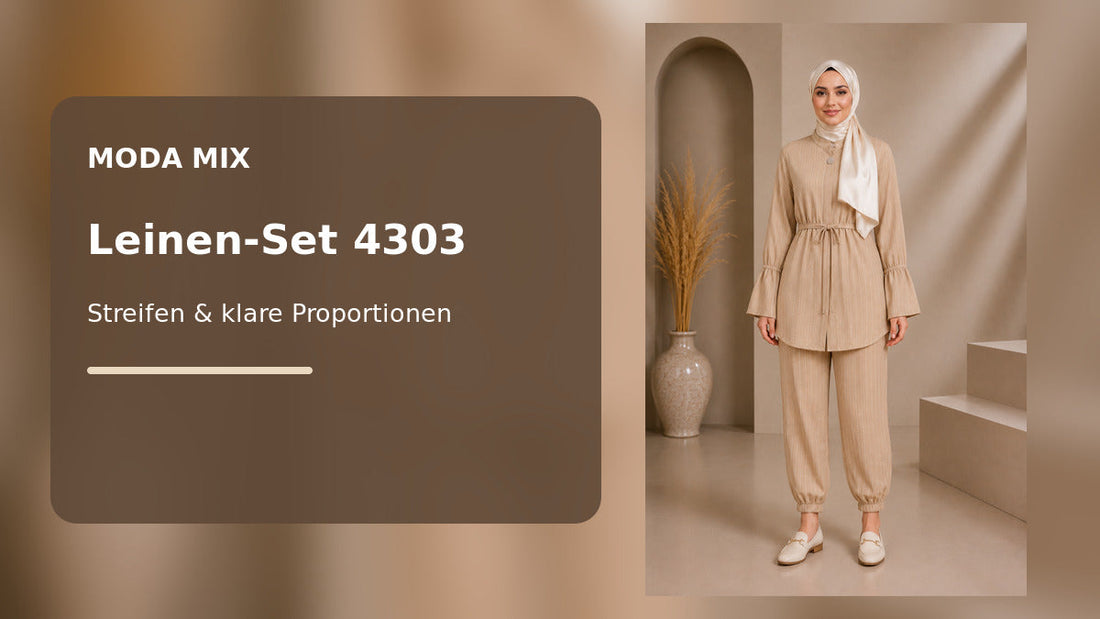 Beiges gestreiftes Leinen-Set 4303 von Moda Mix mit Bindegürtel und passender Hose