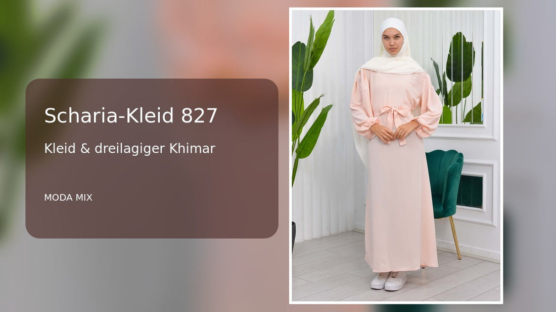 Scharia-Kleid 827 in Lachs mit Stoffgürtel und dreilagigem Khimar