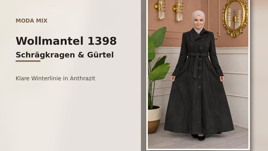 Wollmantel 1398 in Anthrazit mit Schrägkragen und Gürtel
