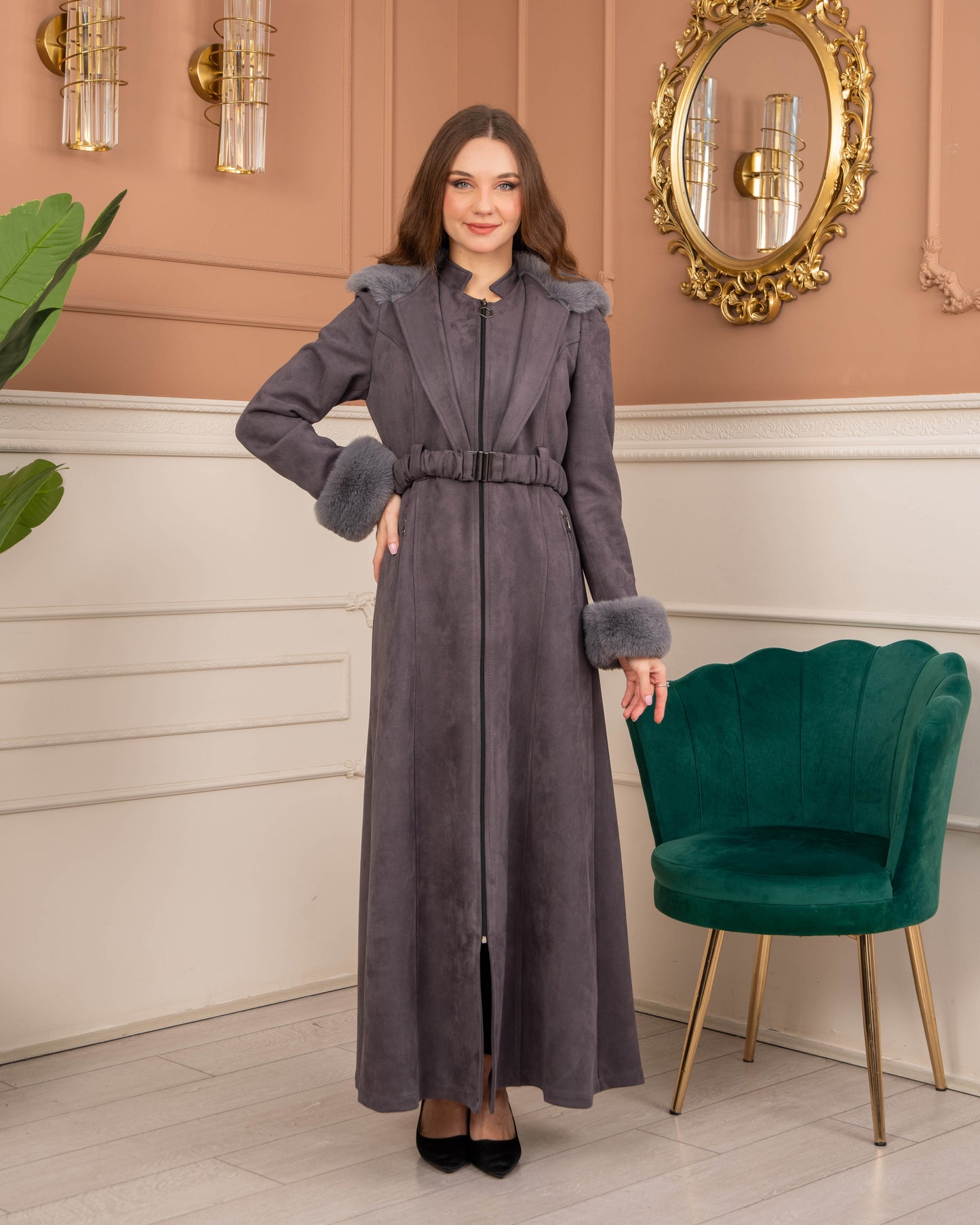 Damen Wildleder-Mantel mit Kaninchenfell gefüttert 1368 - Grau