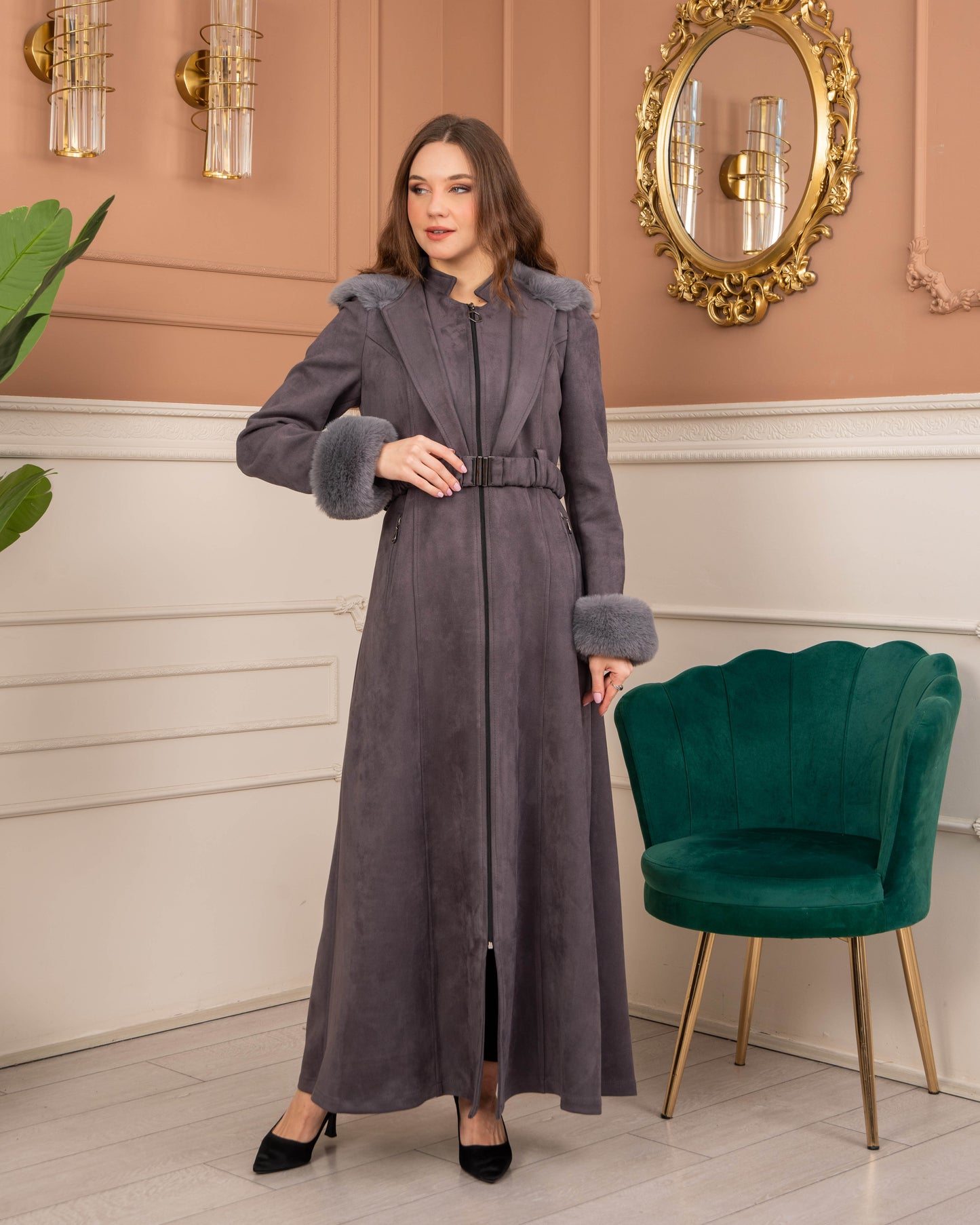 Damen Wildleder-Mantel mit Kaninchenfell gefüttert 1368 - Grau