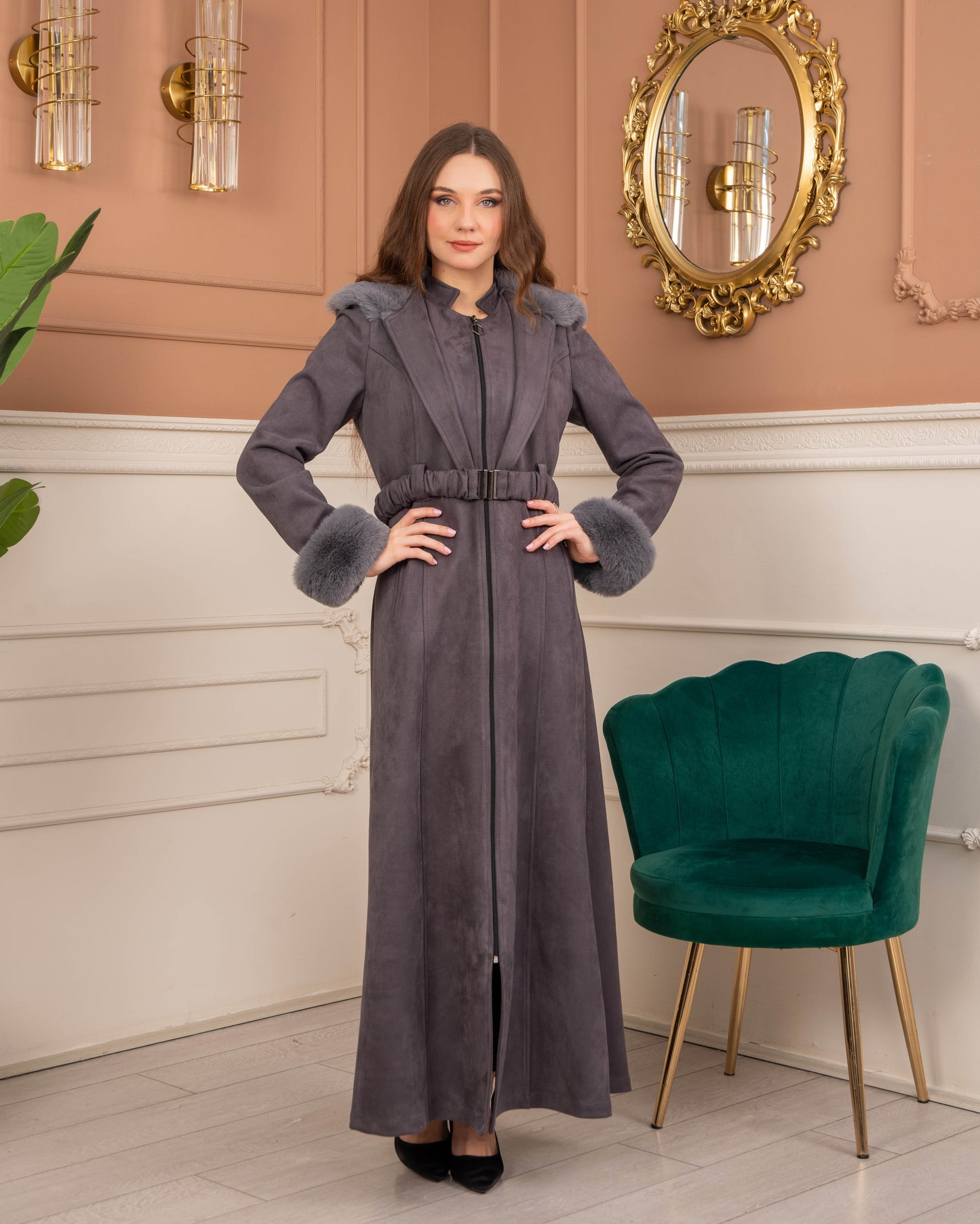 Damen Wildleder-Mantel mit Kaninchenfell gefüttert 1368 - Grau