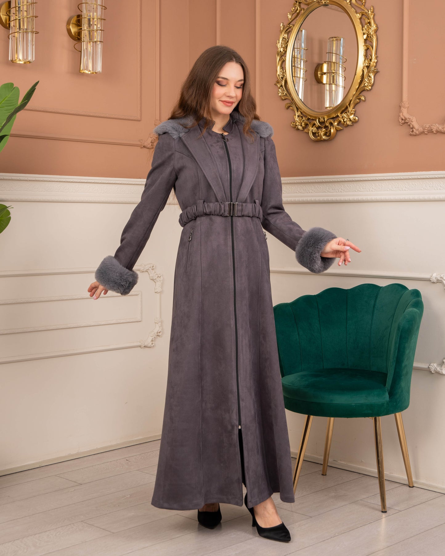 Damen Wildleder-Mantel mit Kaninchenfell gefüttert 1368 - Grau