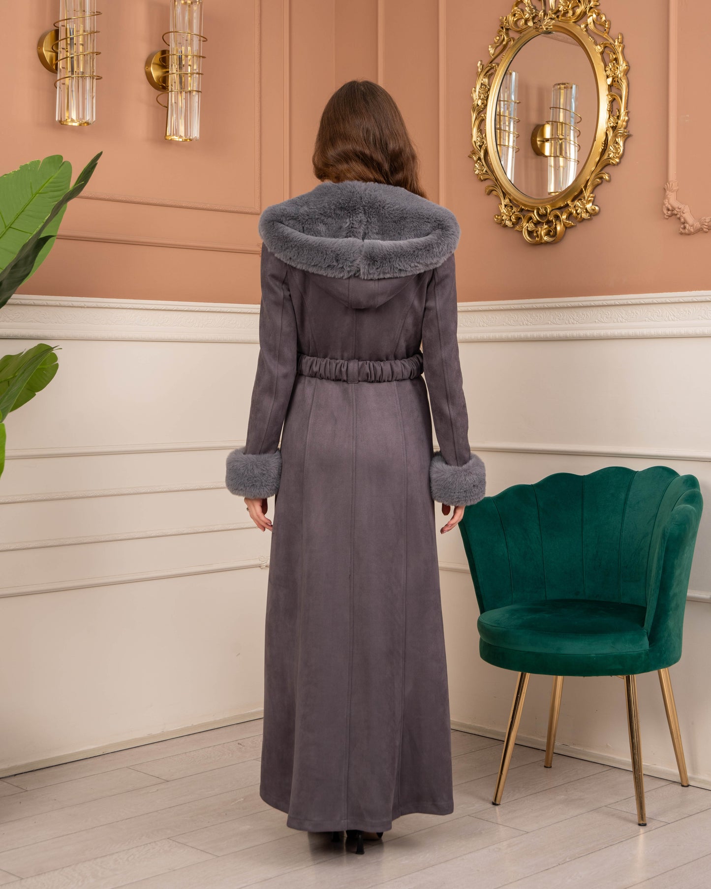 Damen Wildleder-Mantel mit Kaninchenfell gefüttert 1368 - Grau