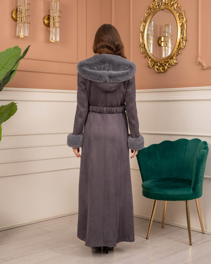 Damen Wildleder-Mantel mit Kaninchenfell gefüttert 1368 - Grau