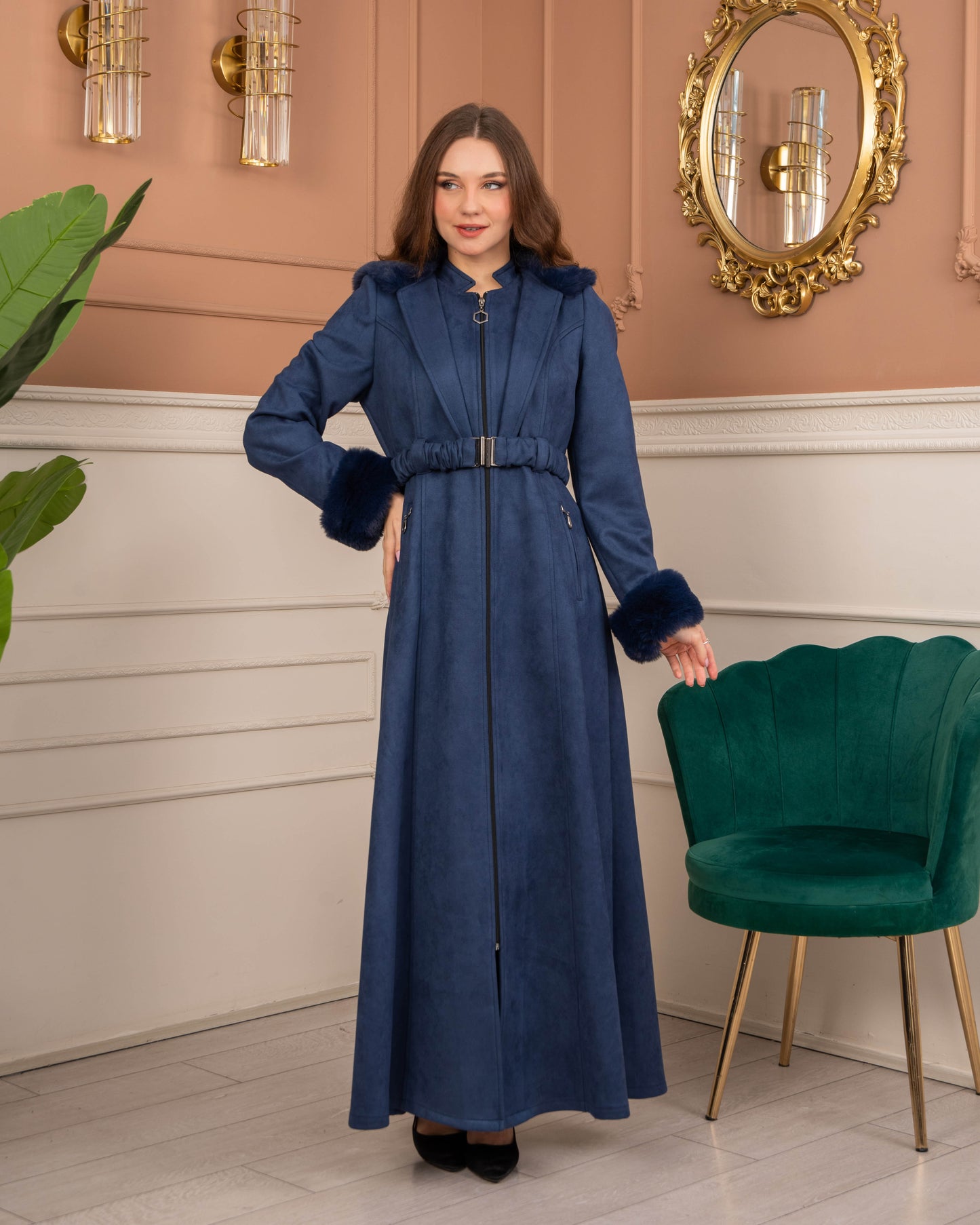 Damen Wildleder-Mantel mit Kaninchenfell gefüttert 1368 - Dunkelblau