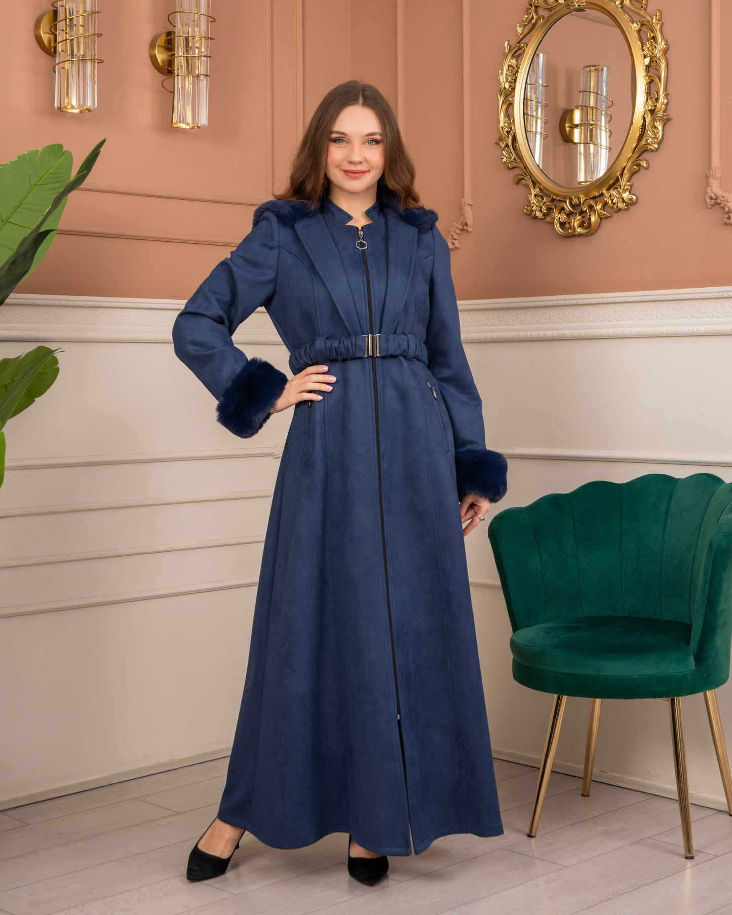 Damen Wildleder-Mantel mit Kaninchenfell gefüttert 1368 - Dunkelblau