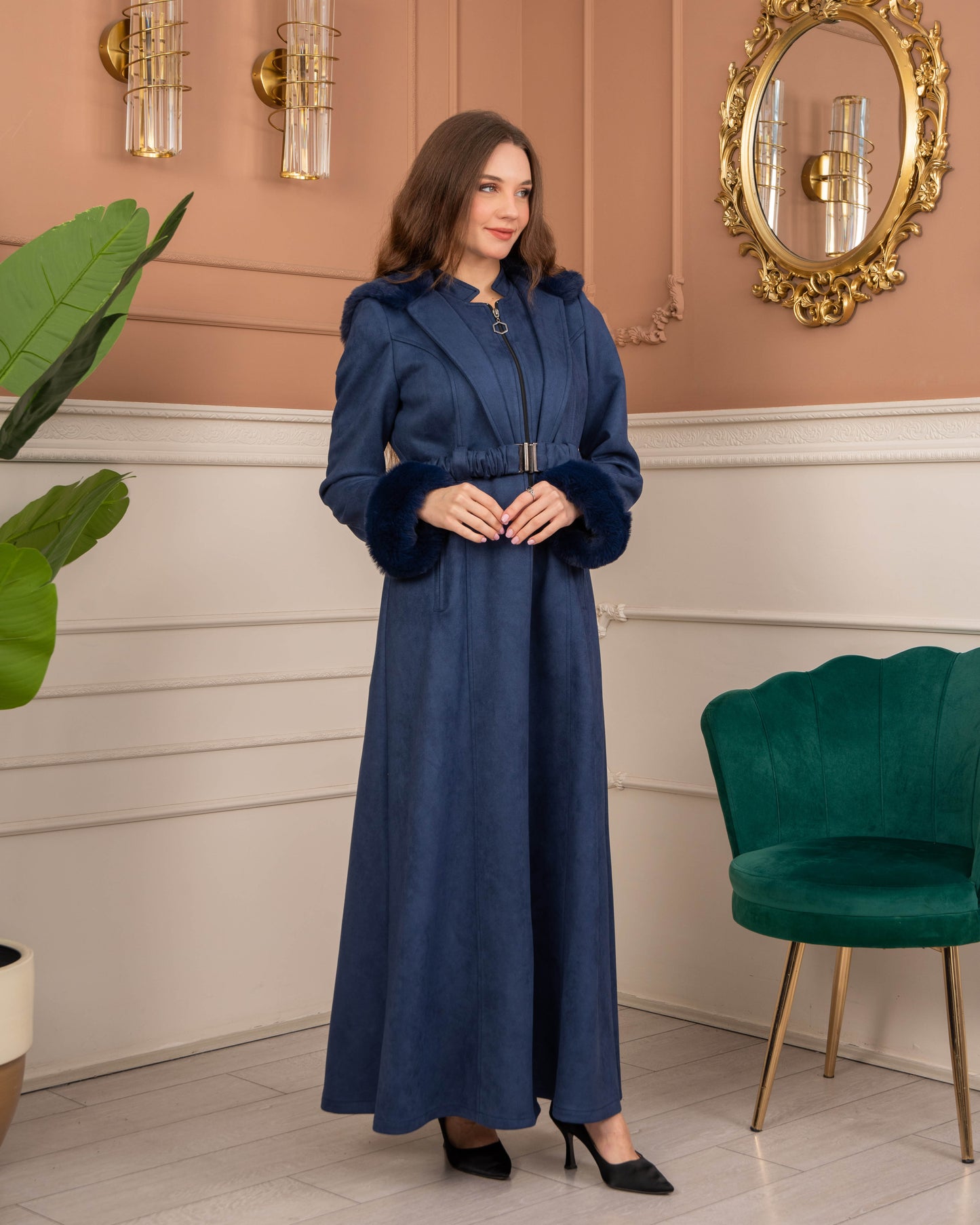 Damen Wildleder-Mantel mit Kaninchenfell gefüttert 1368 - Dunkelblau