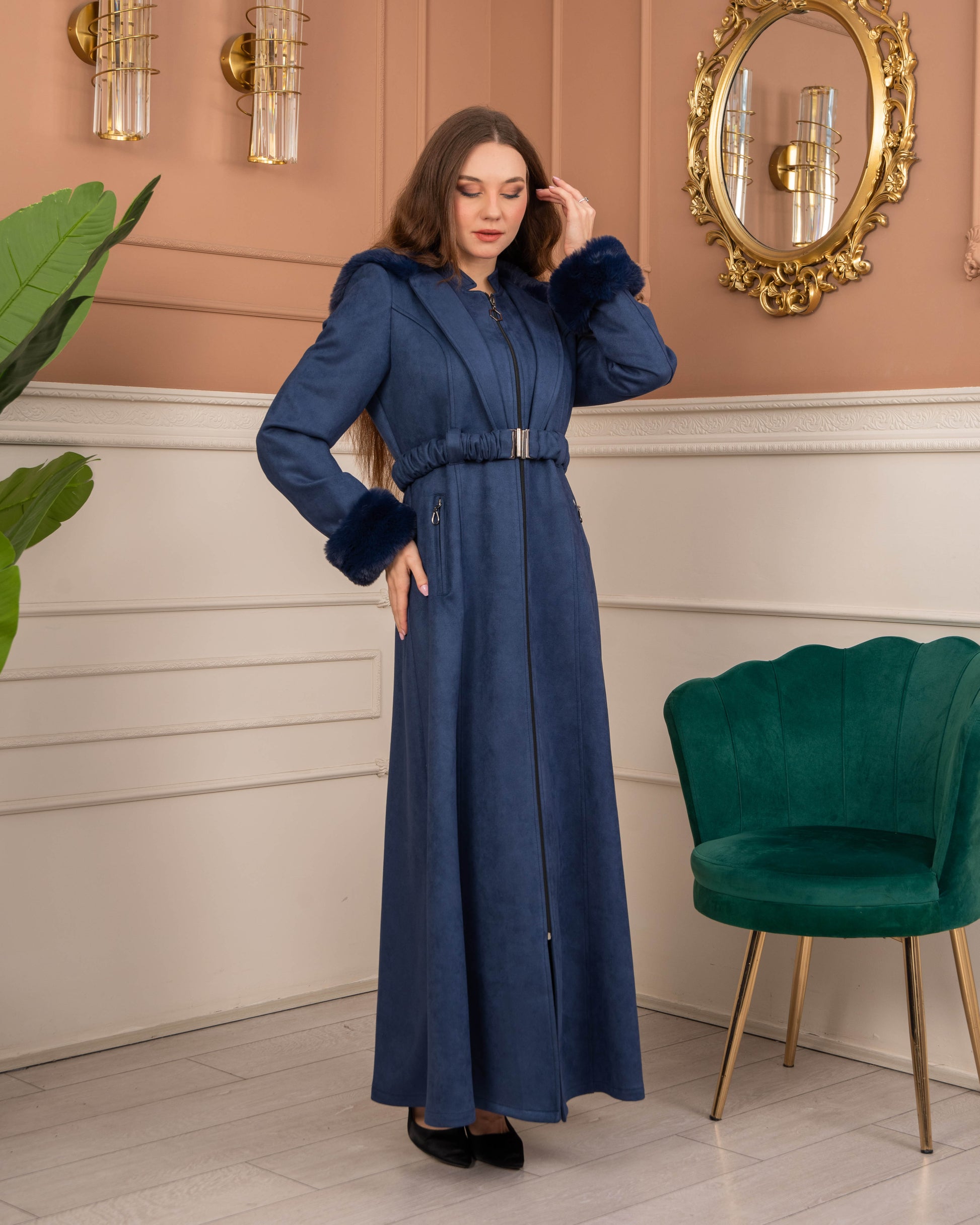 Damen Wildleder-Mantel mit Kaninchenfell gefüttert 1368 - Dunkelblau