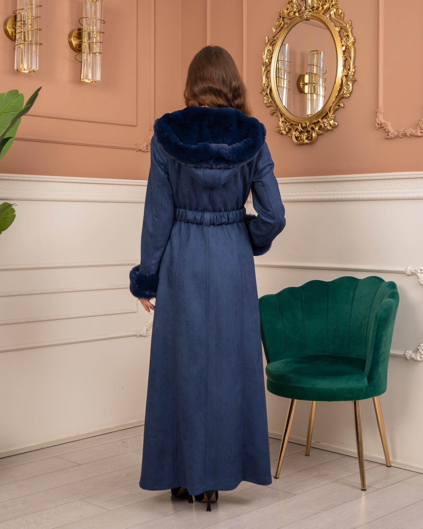 Damen Wildleder-Mantel mit Kaninchenfell gefüttert 1368 - Dunkelblau