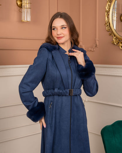 Damen Wildleder-Mantel mit Kaninchenfell gefüttert 1368 - Dunkelblau