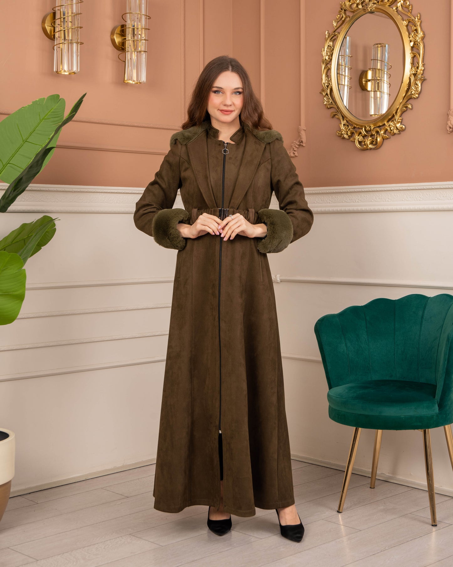 Damen Wildleder-Mantel mit Kaninchenfell gefüttert 1368 - Khaki
