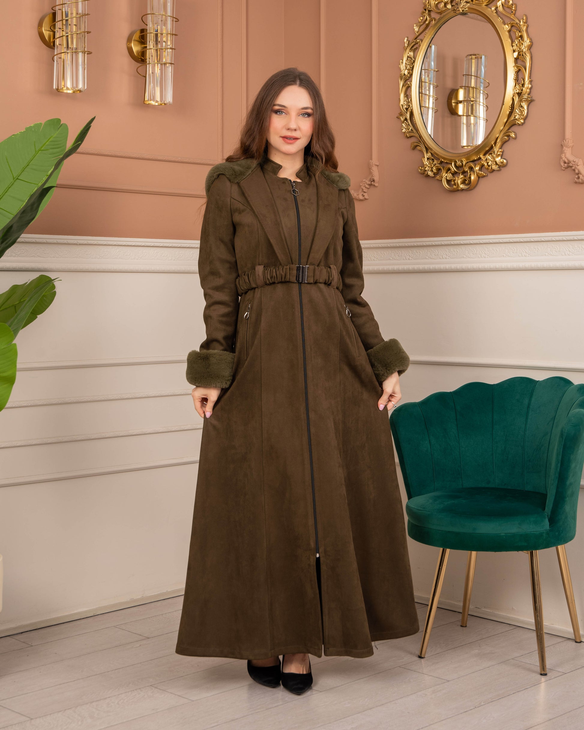 Damen Wildleder-Mantel mit Kaninchenfell gefüttert 1368 - Khaki
