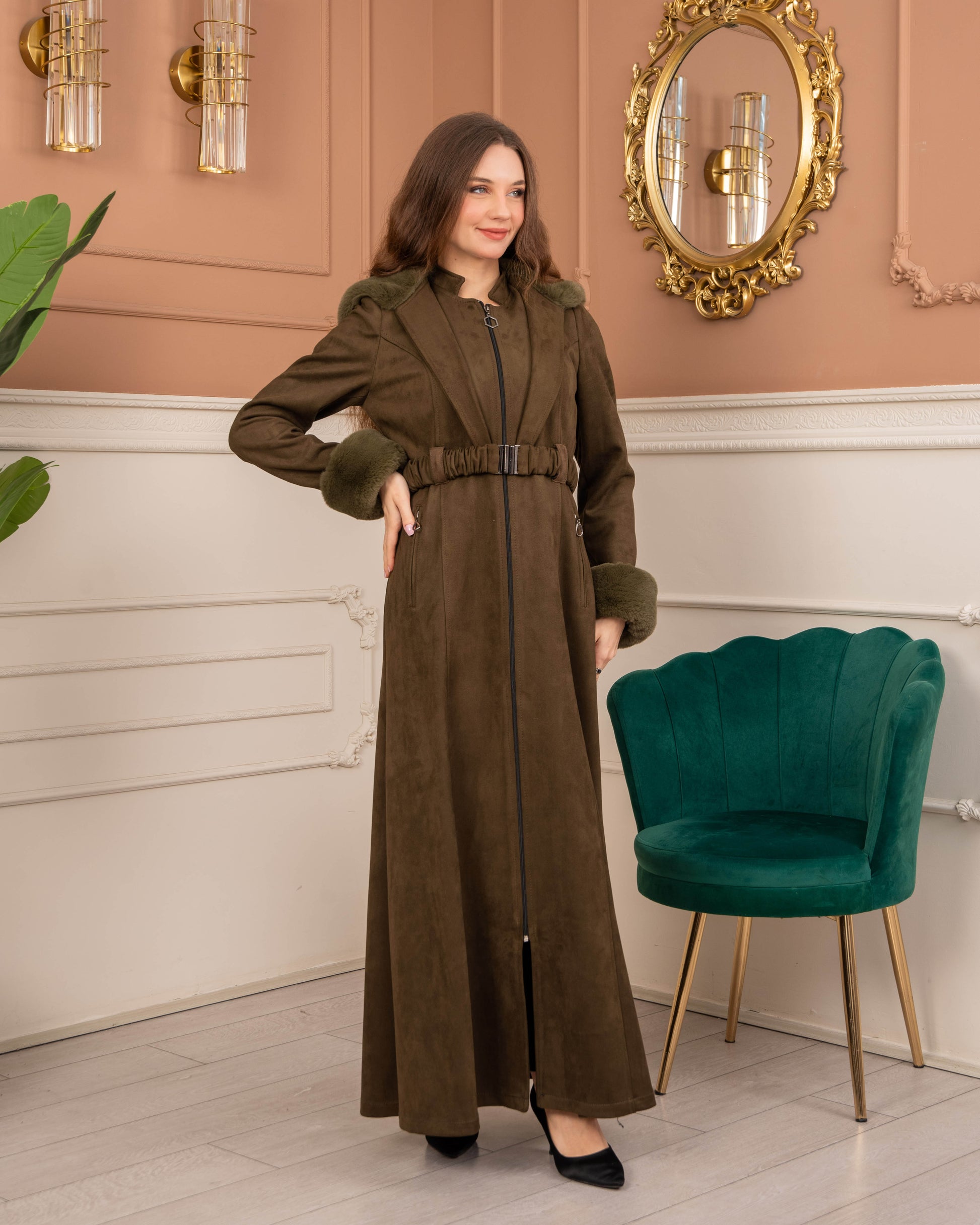 Damen Wildleder-Mantel mit Kaninchenfell gefüttert 1368 - Khaki