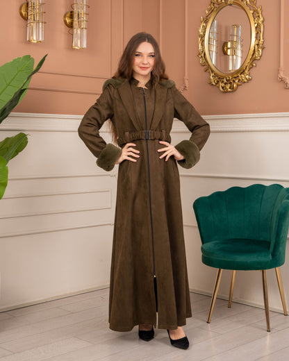 Damen Wildleder-Mantel mit Kaninchenfell gefüttert 1368 - Khaki