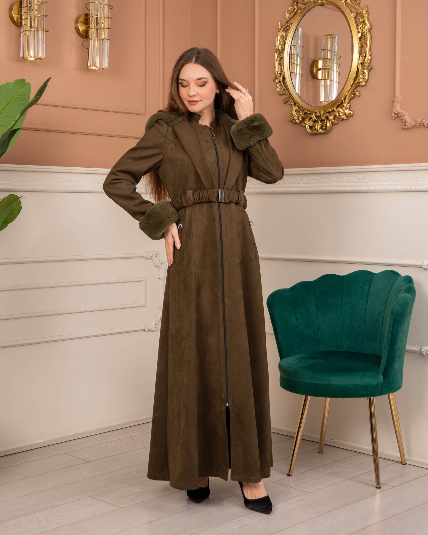Damen Wildleder-Mantel mit Kaninchenfell gefüttert 1368 - Khaki