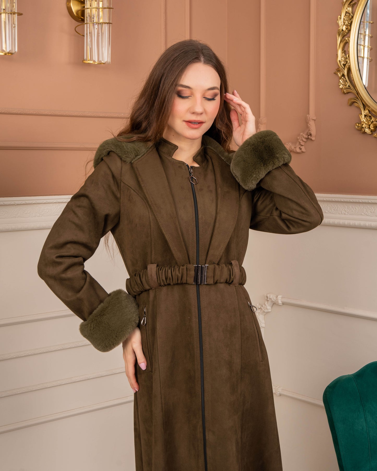 Damen Wildleder-Mantel mit Kaninchenfell gefüttert 1368 - Khaki