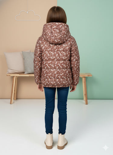 Mädchen Winterjacke mit Blumenmuster und Fellfutter 5130 - Braun