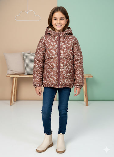 Mädchen Winterjacke mit Blumenmuster und Fellfutter 5130 - Braun