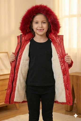 Glänzende Mädchen-Winterjacke mit warmem Fellfutter (Mehrere Farben) 5150 - Rot