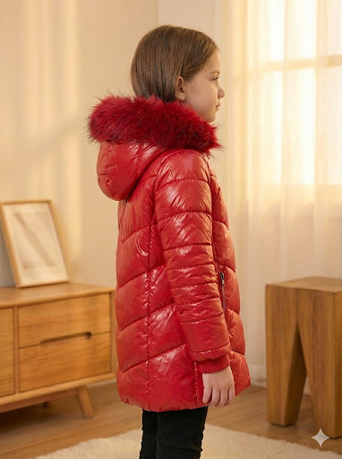Glänzende Mädchen-Winterjacke mit warmem Fellfutter (Mehrere Farben) 5150 - Rot