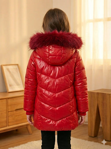 Glänzende Mädchen-Winterjacke mit warmem Fellfutter (Mehrere Farben) 5150 - Rot