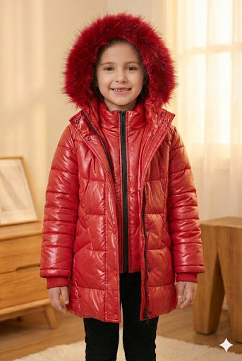 Glänzende Mädchen-Winterjacke mit warmem Fellfutter (Mehrere Farben) 5150 - Rot