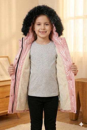 Glänzende Mädchen-Winterjacke mit warmem Fellfutter (Mehrere Farben) 5150 - Rosa