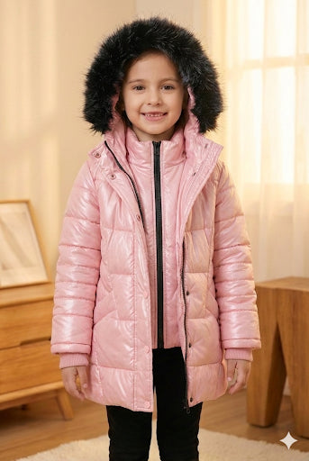 Glänzende Mädchen-Winterjacke mit warmem Fellfutter (Mehrere Farben) 5150 - Rosa