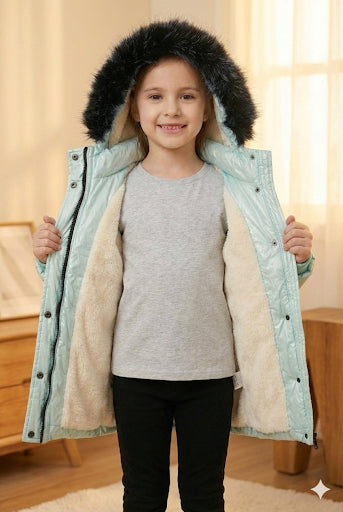 Glänzende Mädchen-Winterjacke mit warmem Fellfutter (Mehrere Farben) 5150 - Mintgrün