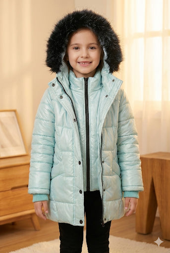 Glänzende Mädchen-Winterjacke mit warmem Fellfutter (Mehrere Farben) 5150 - Mintgrün