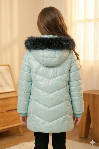 Glänzende Mädchen-Winterjacke mit warmem Fellfutter (Mehrere Farben) 5150 - Mintgrün