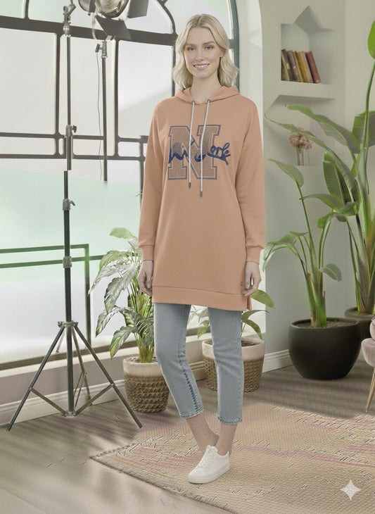 Langer Baumwoll-Hoodie - Weiter Europäischer Schnitt 101 - Beige