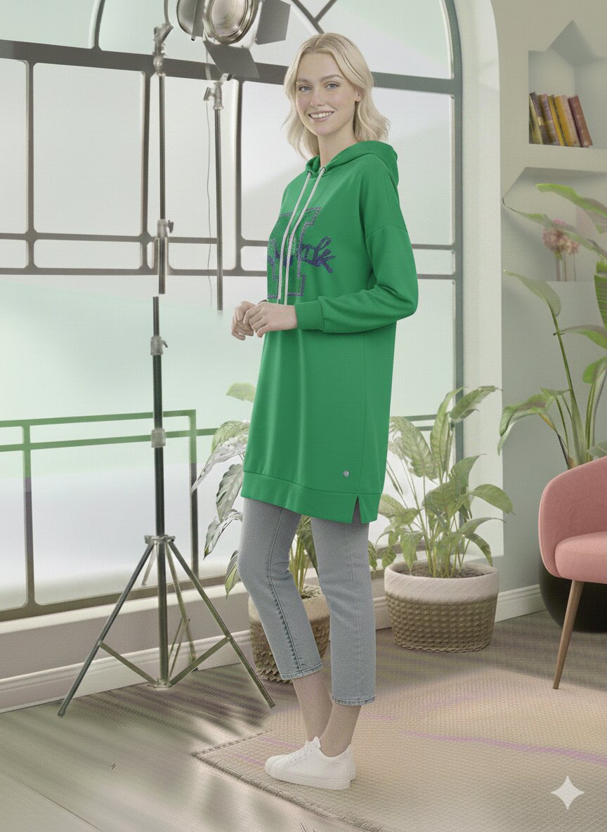 Langer Baumwoll-Hoodie - Weiter Europäischer Schnitt 101 - Grün