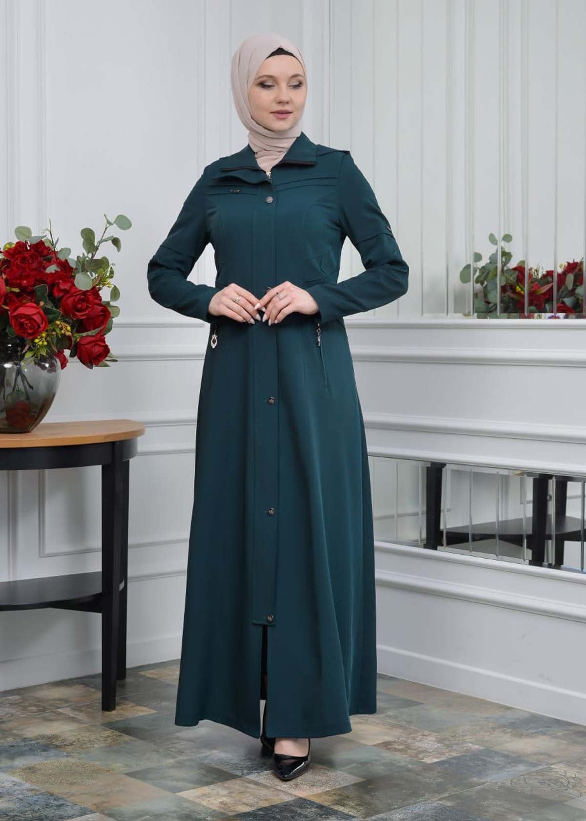 Eleganter brada-Stoff Manto mit Satinfutter und abnehmbarer Kapuze 234 - Khaki